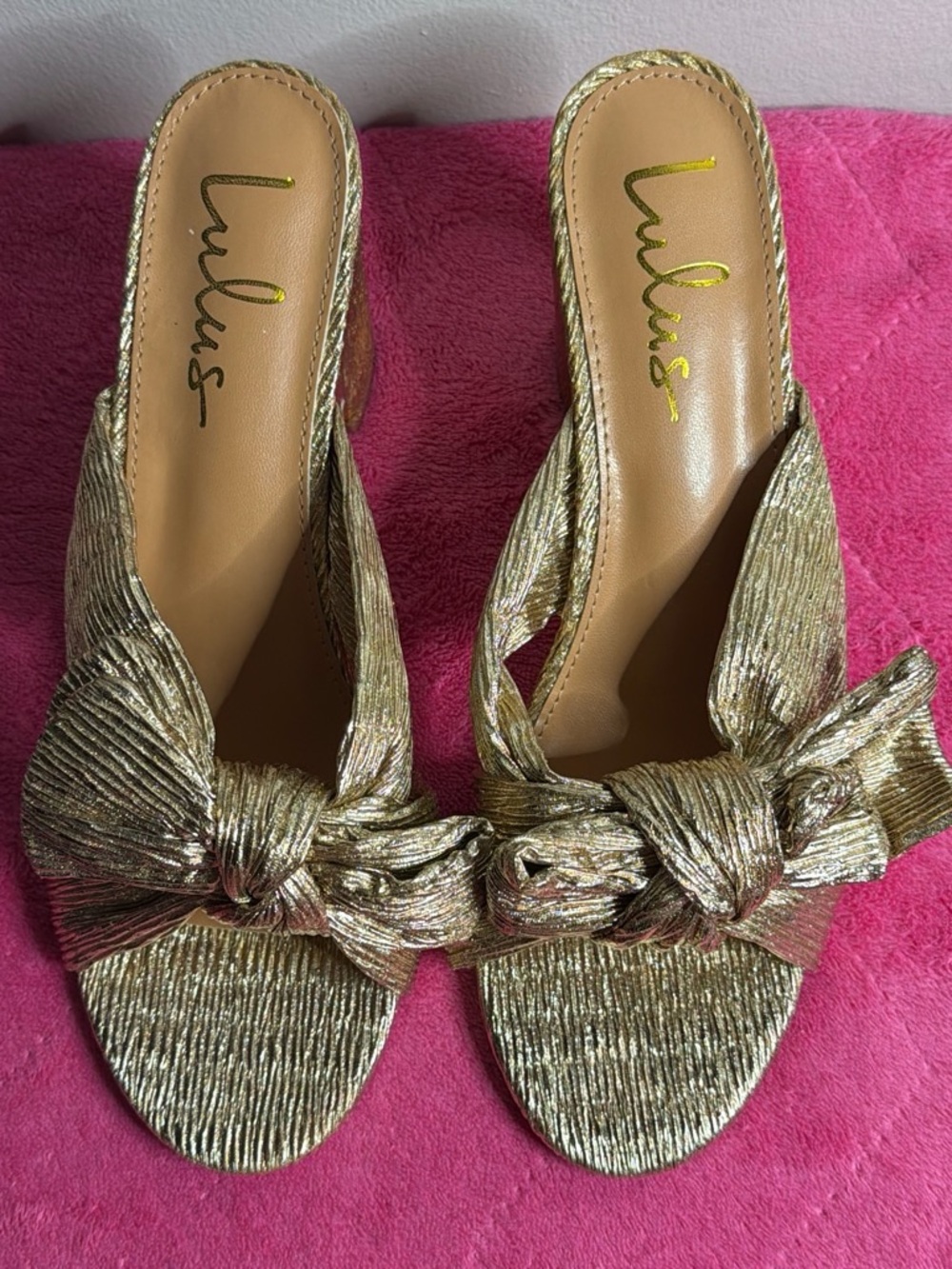 Lulu's Metallic Gold Knot Slide Mules